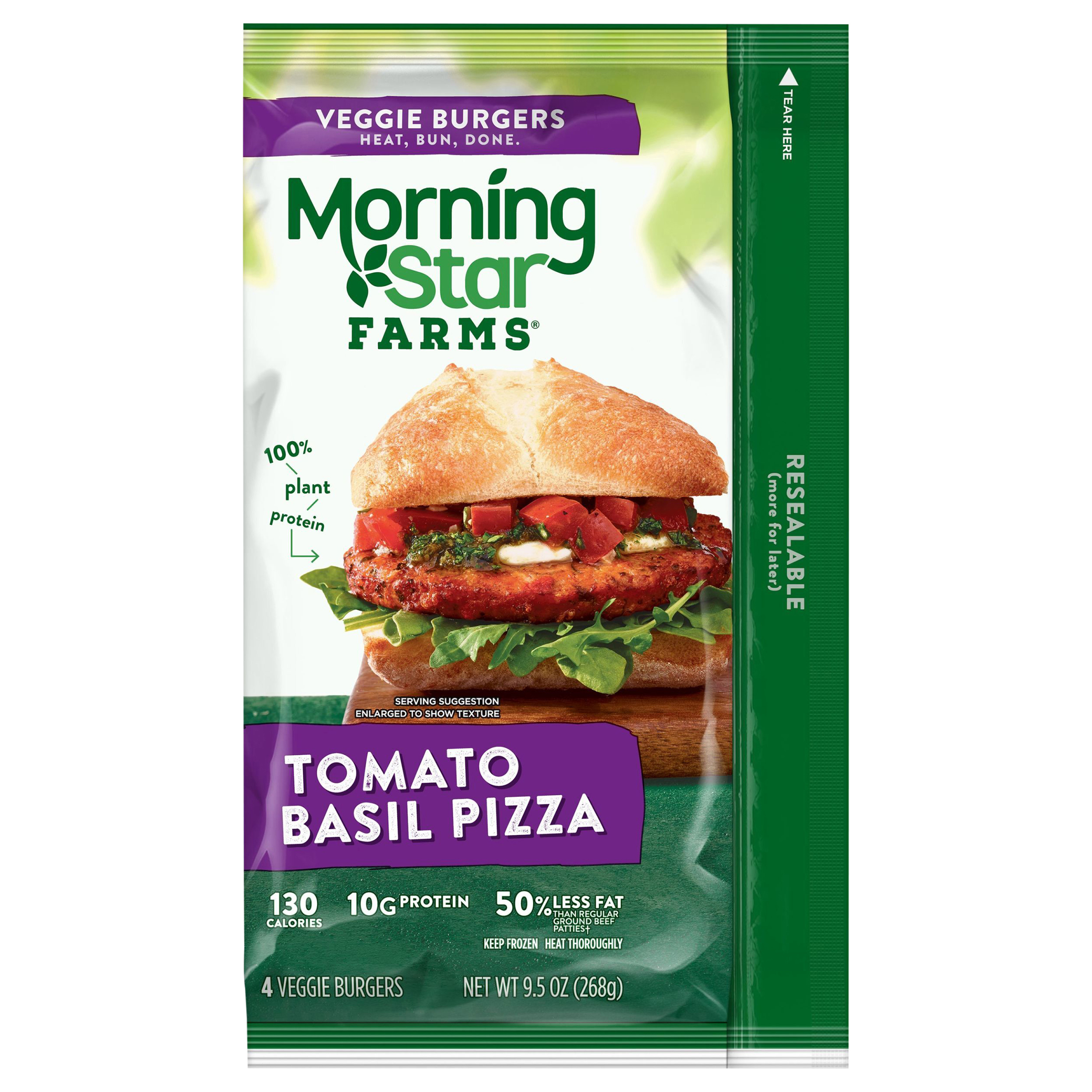 Veggie Burgers, Tomato Basil Pizza