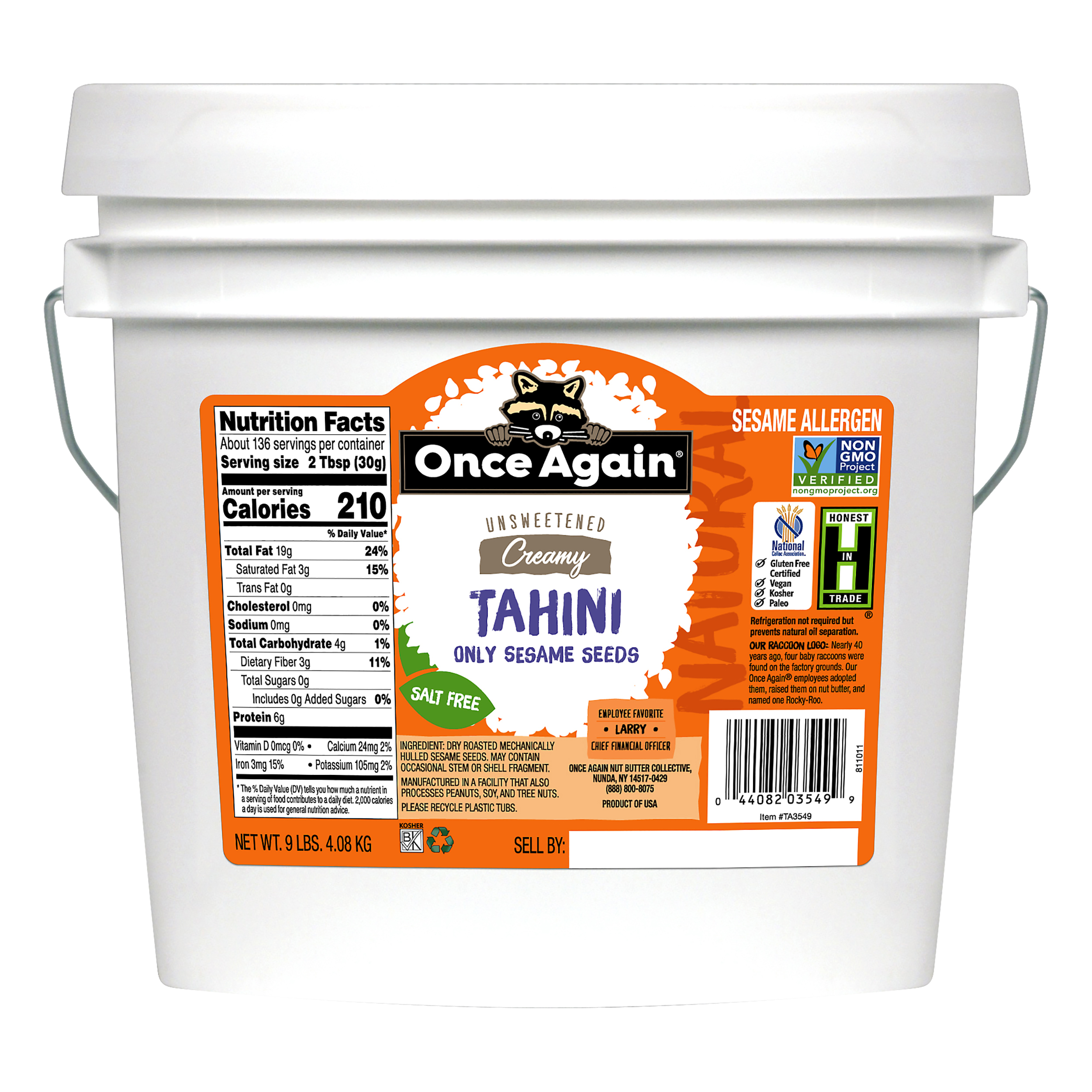 Once Again Unsweetened Creamy Natural Tahini 9 Lb