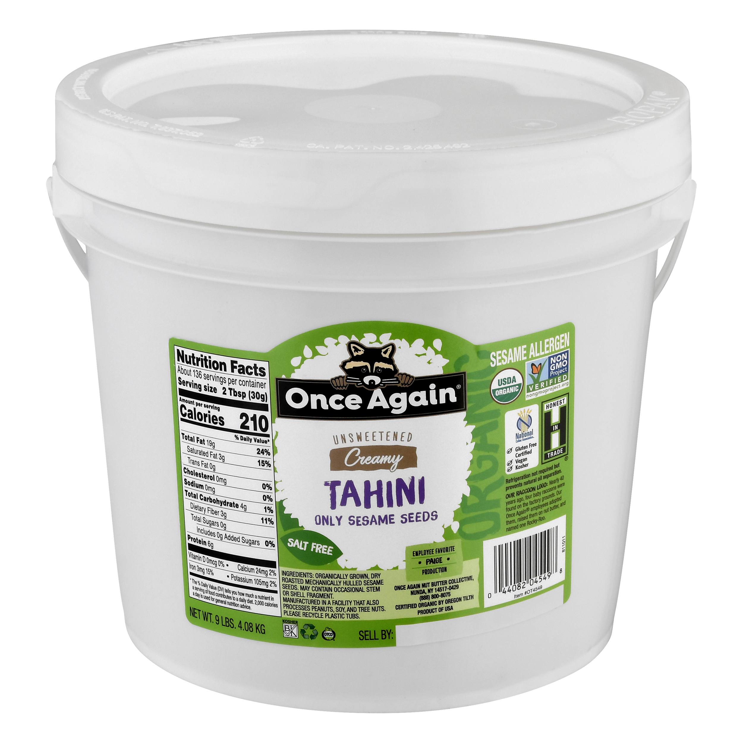 Once Again Salt Free Unsweetened Creamy Tahini 9 Lb