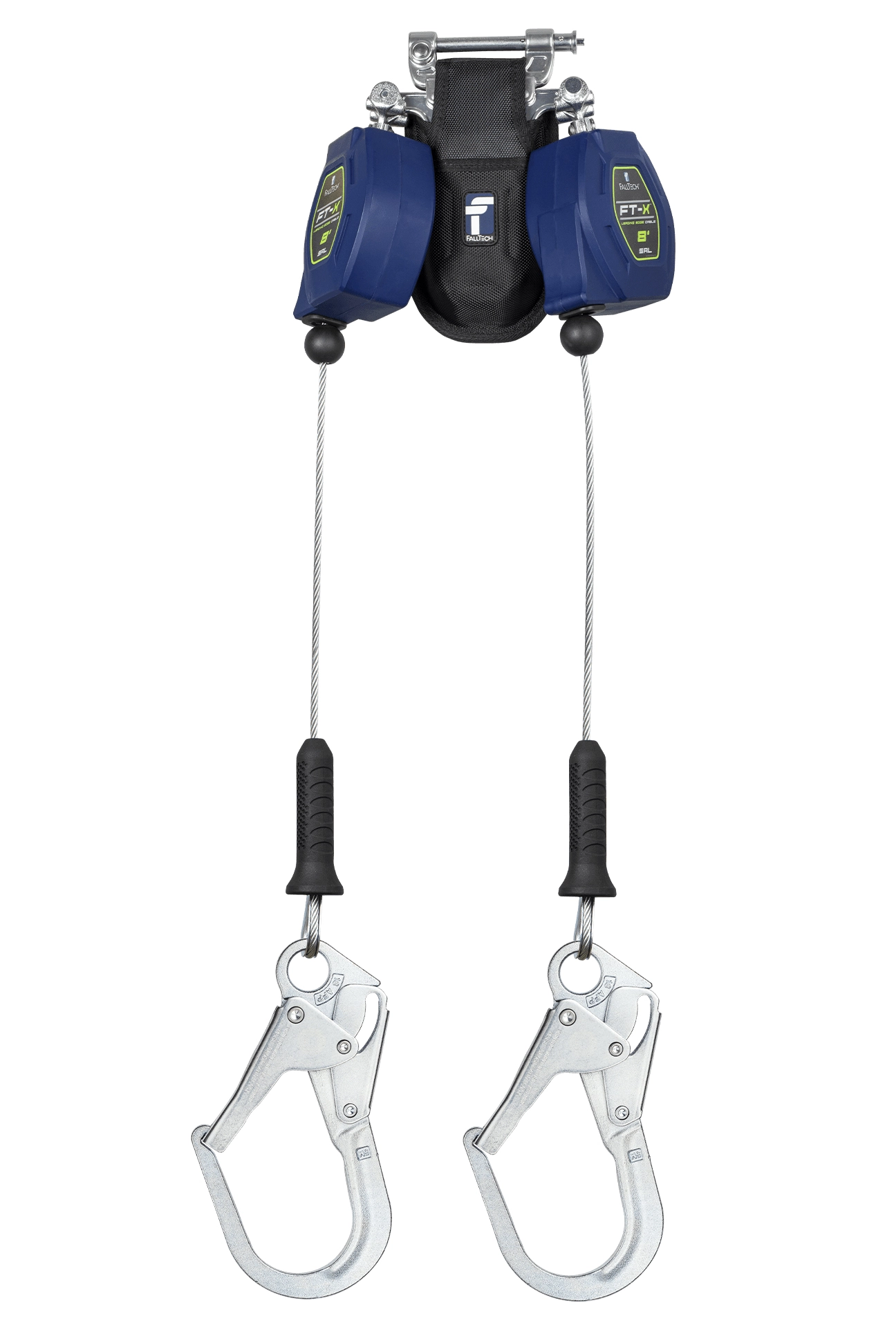 FallTech FT-X 8' Cable Class 2 Twin-Leg Leading Edge Personal SRL-P with Steel Rebar Hooks and SpeedLink