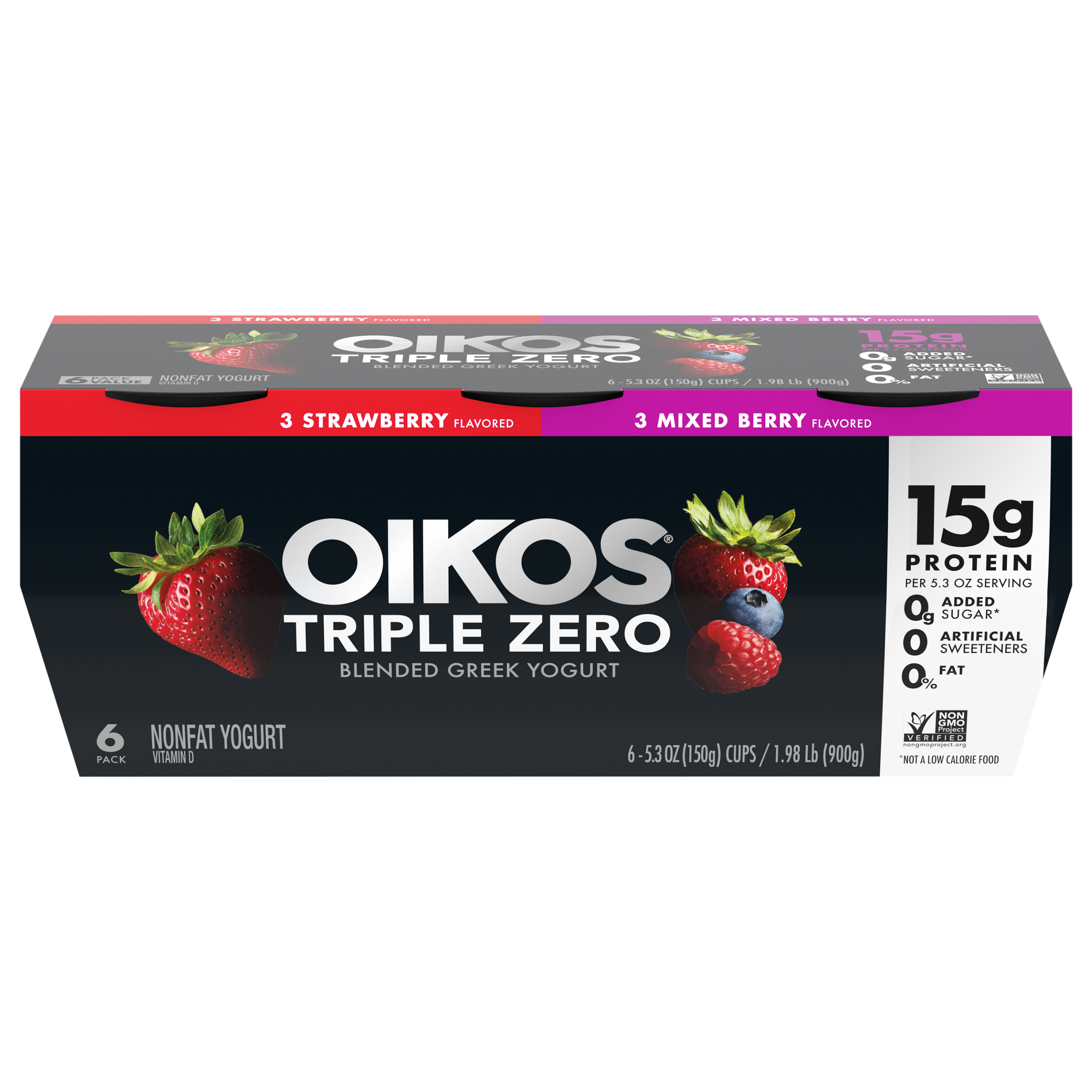 Yogurt, Nonfat, Blended, Greek, Strawberry Flavored/Mixed Berry Flavored, 6 Pack