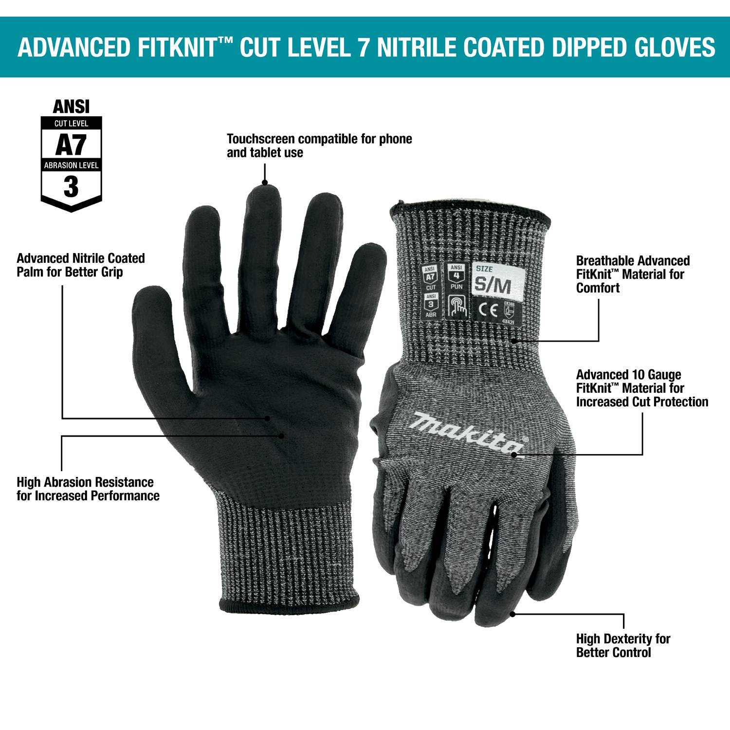 Makita Sm/Med Advanced Fitknit Cut Level 7 Nitrile Coated Dipped Gloves -  White Cap