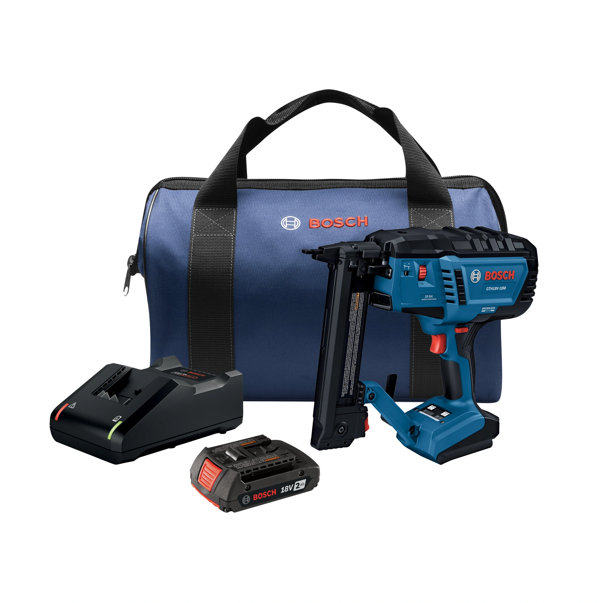 Bosch 18V 18 Gauge Brushless Narrow Crown Stapler Kit with Standard Power Battery (2 Ah)