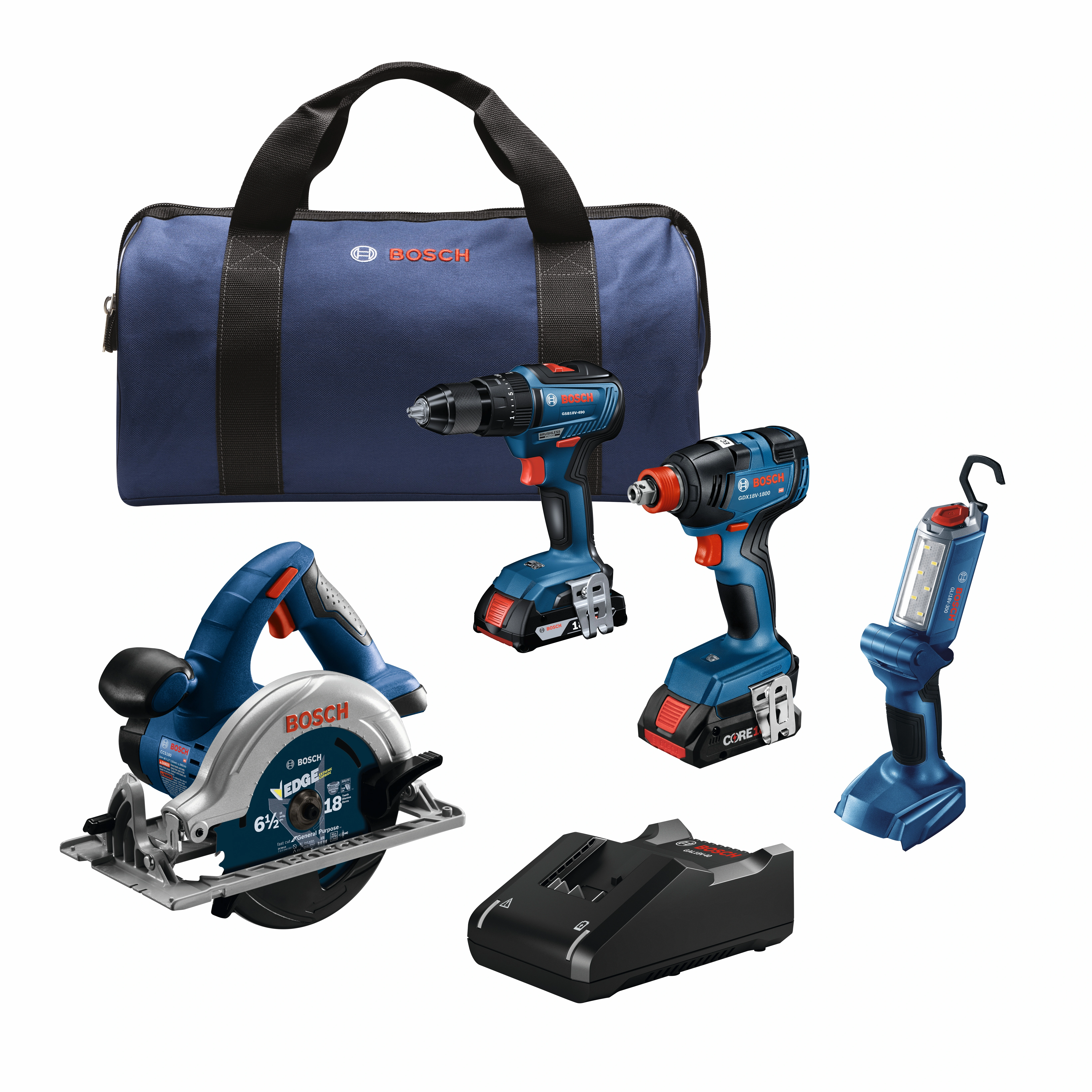 Bosch 18V 4-Tool Combo Kit with Two-In-One 1/4 in. and 1/2 in. Bit/Socket Impact Driver/Wrench, 1/2 in. Hammer Drill/Driver, 6-1/2 in. Circular Saw and LED Worklight with CORE18V Advanced Power Battery (4 Ah) and Standard Power Battery (2 Ah)