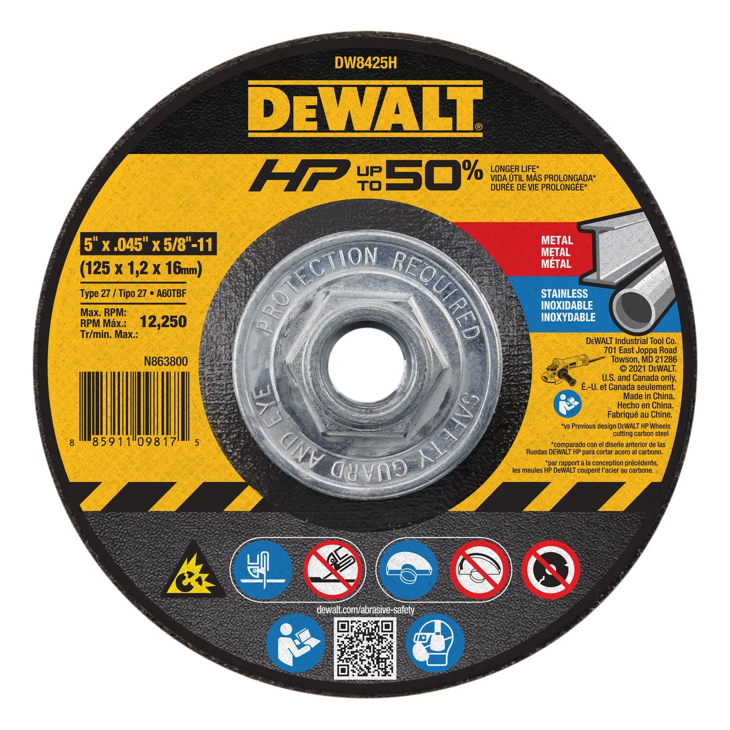 Dewalt 5" x 0.045" x 7/8" Arbor Metal Cutoff Wheel