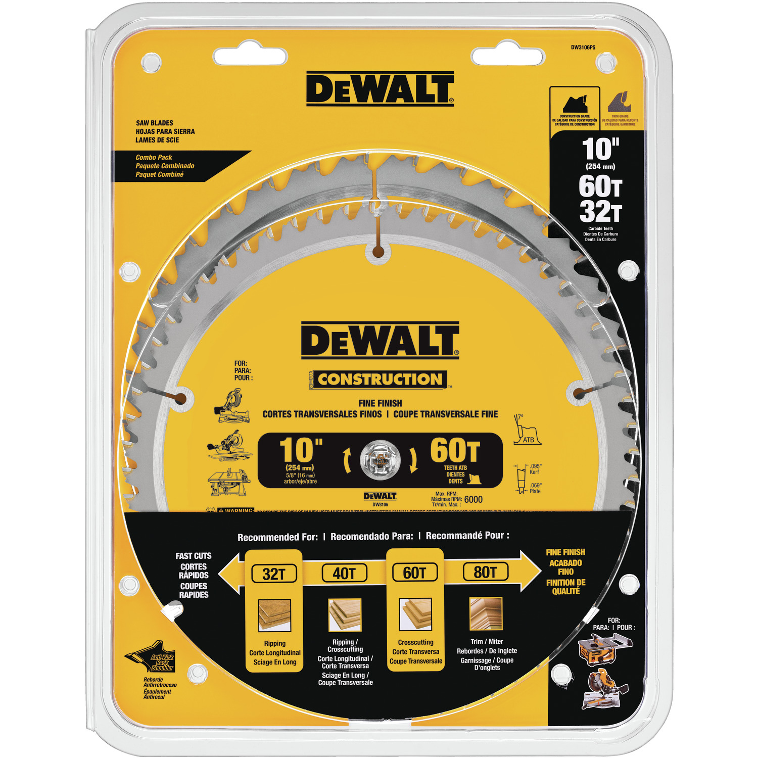 DEWALT 10" 60T Thin Kerf Miter Table Saw Blade White Cap