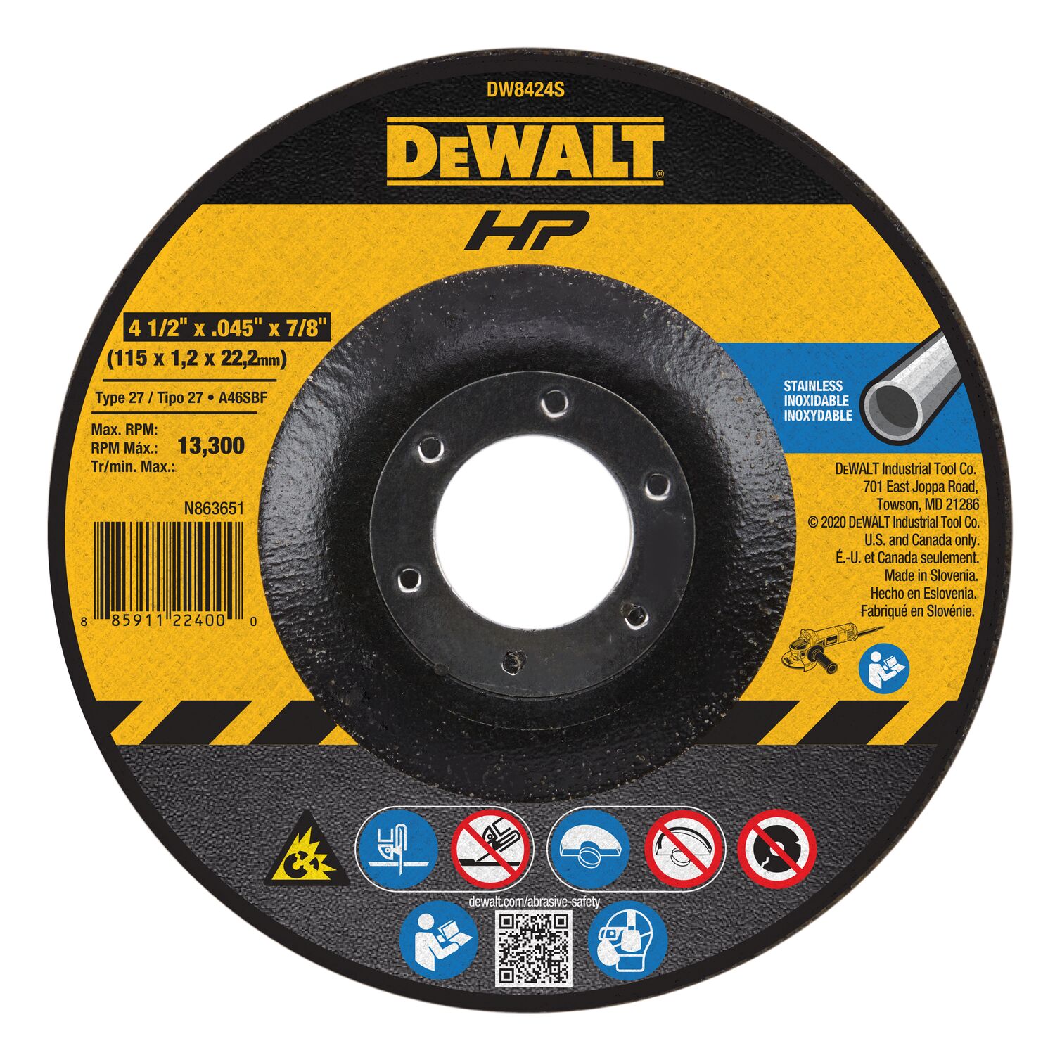 White Cap DEWALT 4 1 2 x .045 x 7 8 HP Stainless Steel Cutting Wheel Type 27