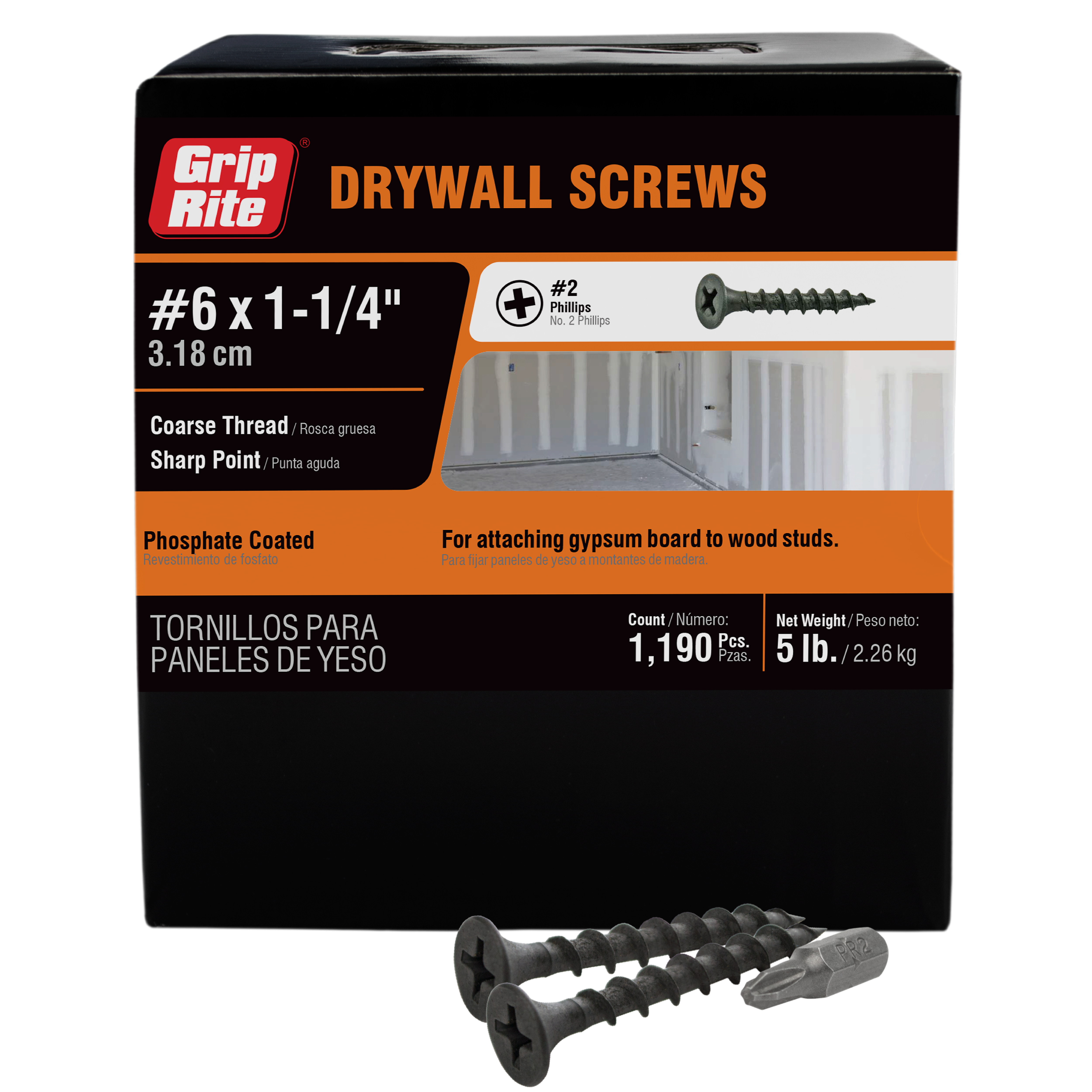 6 x 1-1/2 Drywall Screw, Coarse Thread, Steel, Phosphate Coated, Phillips  Drive