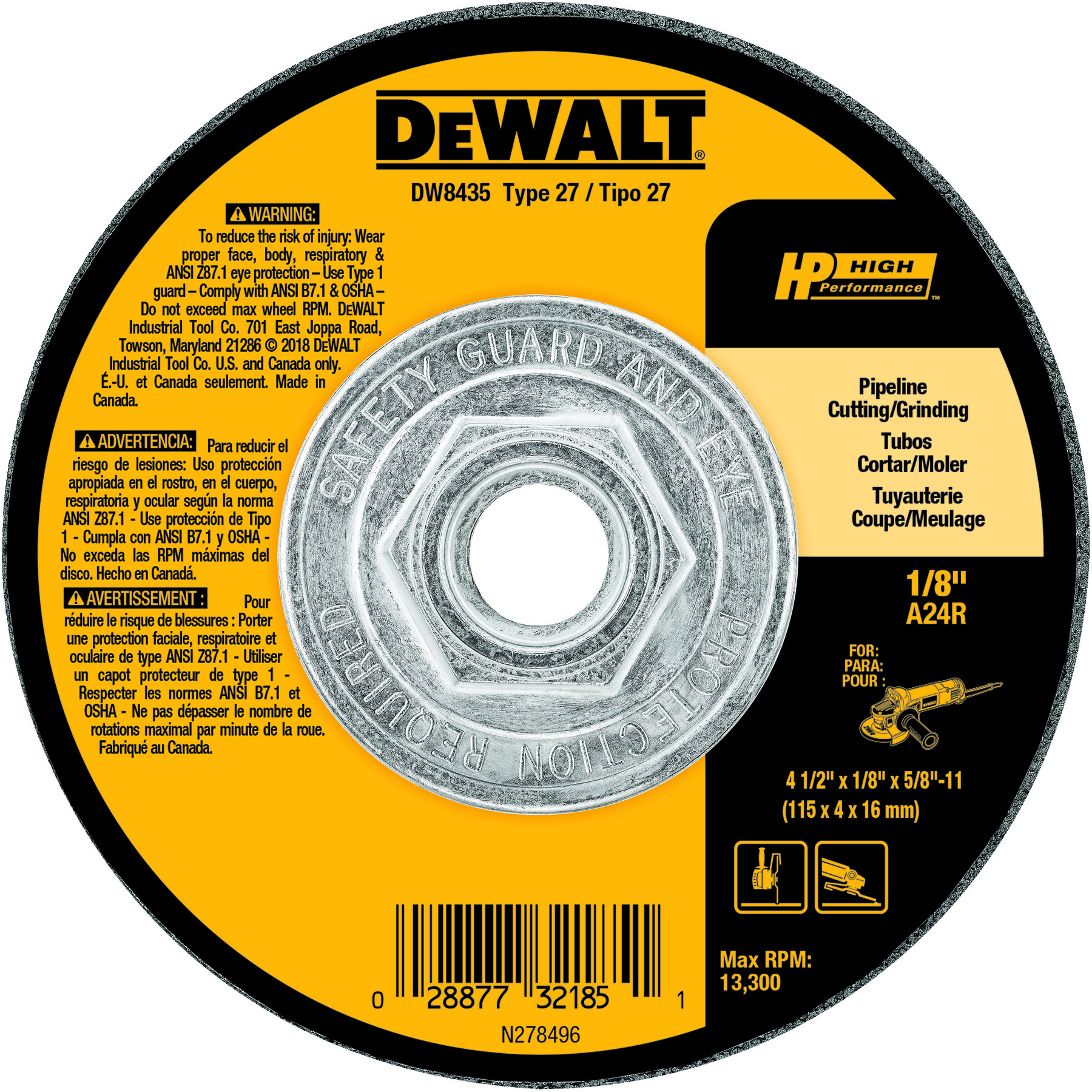 White Cap  DEWALT 4-1/2 x 1/8 x 5/8-11 Pipeliner Grinding Wheel