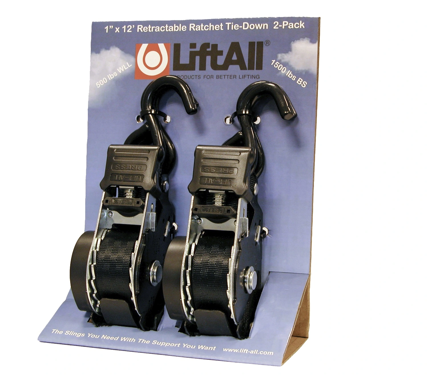 Lift-All 2-Pack 1" x 12' Retractable Ratchet Assy With Coated Open Hook 500 lb.