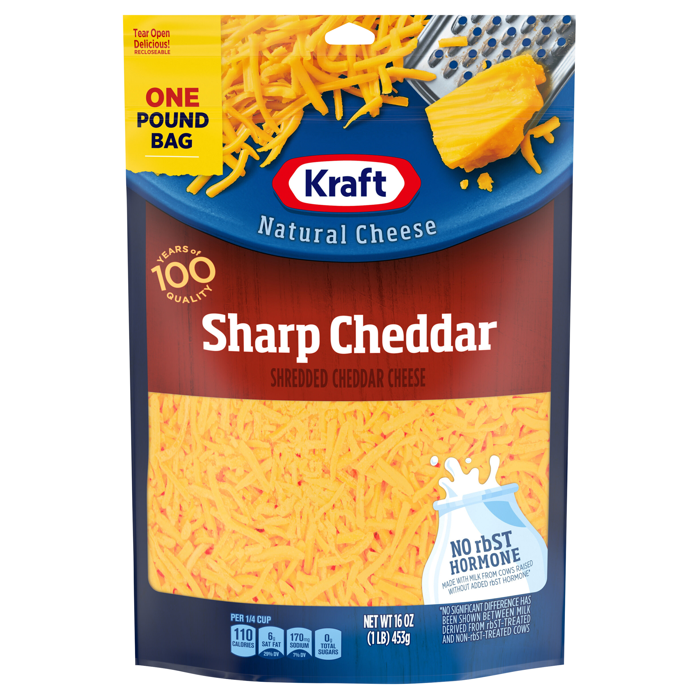 Natural Cheese, Shredded, Sharp Cheddar, One Pound Bag