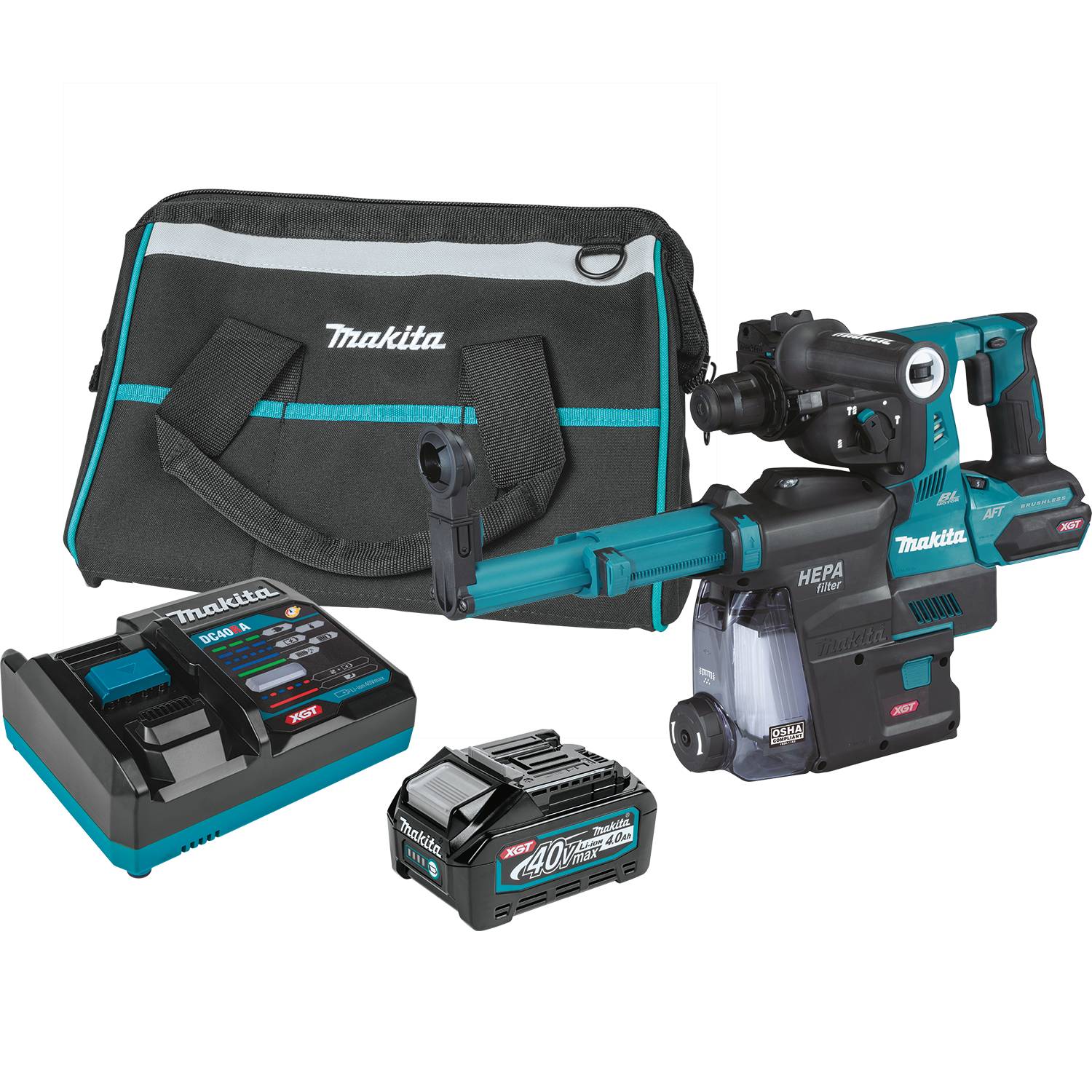 Makita GRH01M1W 40V Max XGT Brushless Cordless 1-1/8 AVT Rotary Hammer 4.0Ah Kit w/ Dust Extractor, Accepts SDS-Plus Bits, AFT, AWS Capable