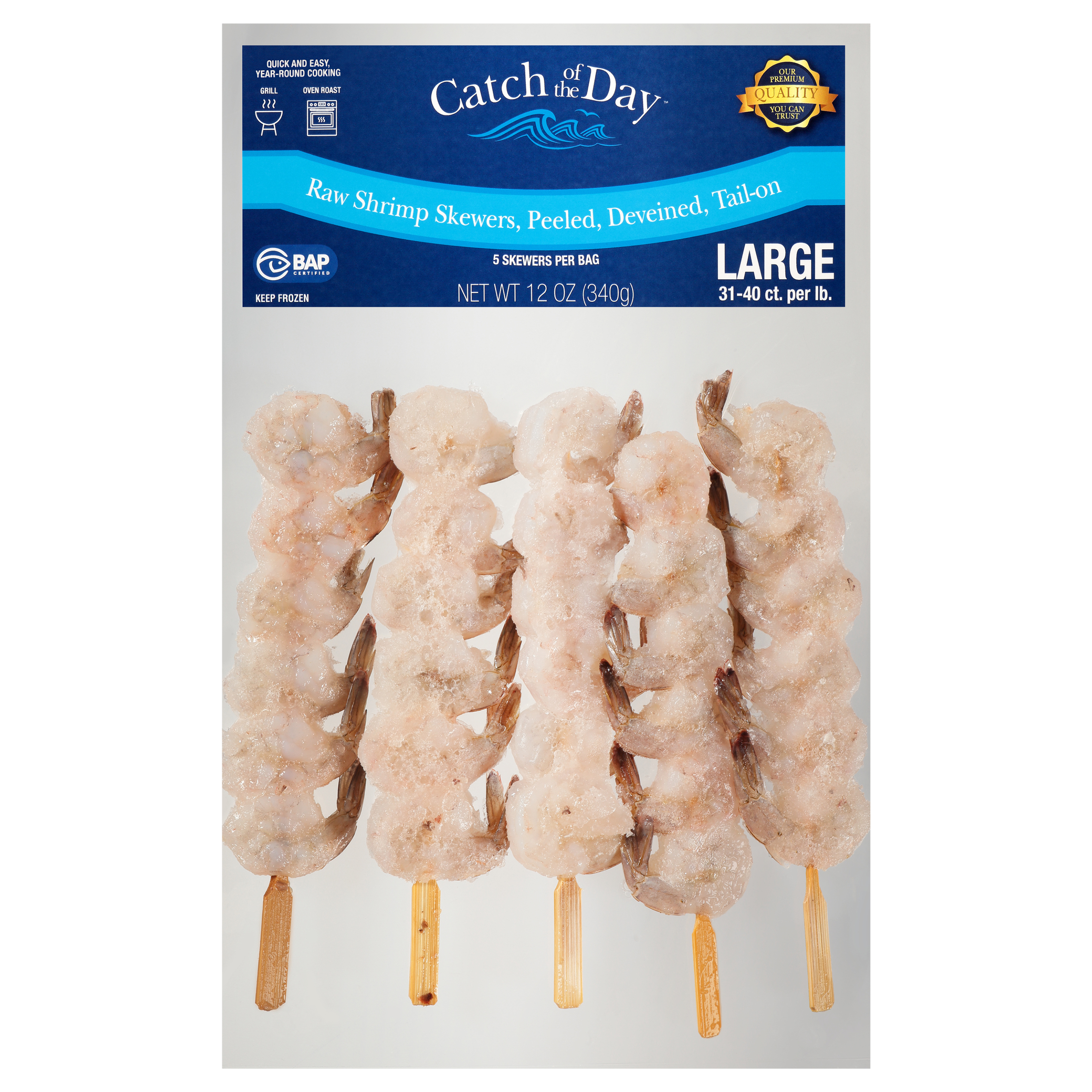 Shrimp Skewers, Deveined, Peeled, Tail-On, Raw, Large