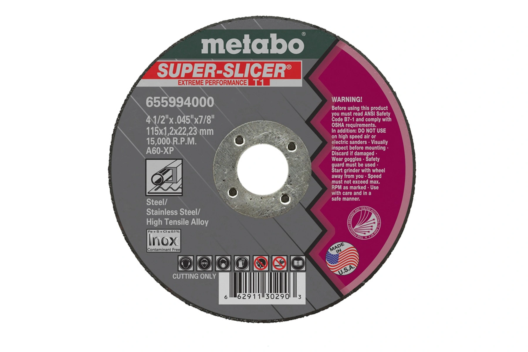 Metabo 4-1/2"X.045"X7/8" Abrasive Type 1 A60Xp Steel Alloy Wheel