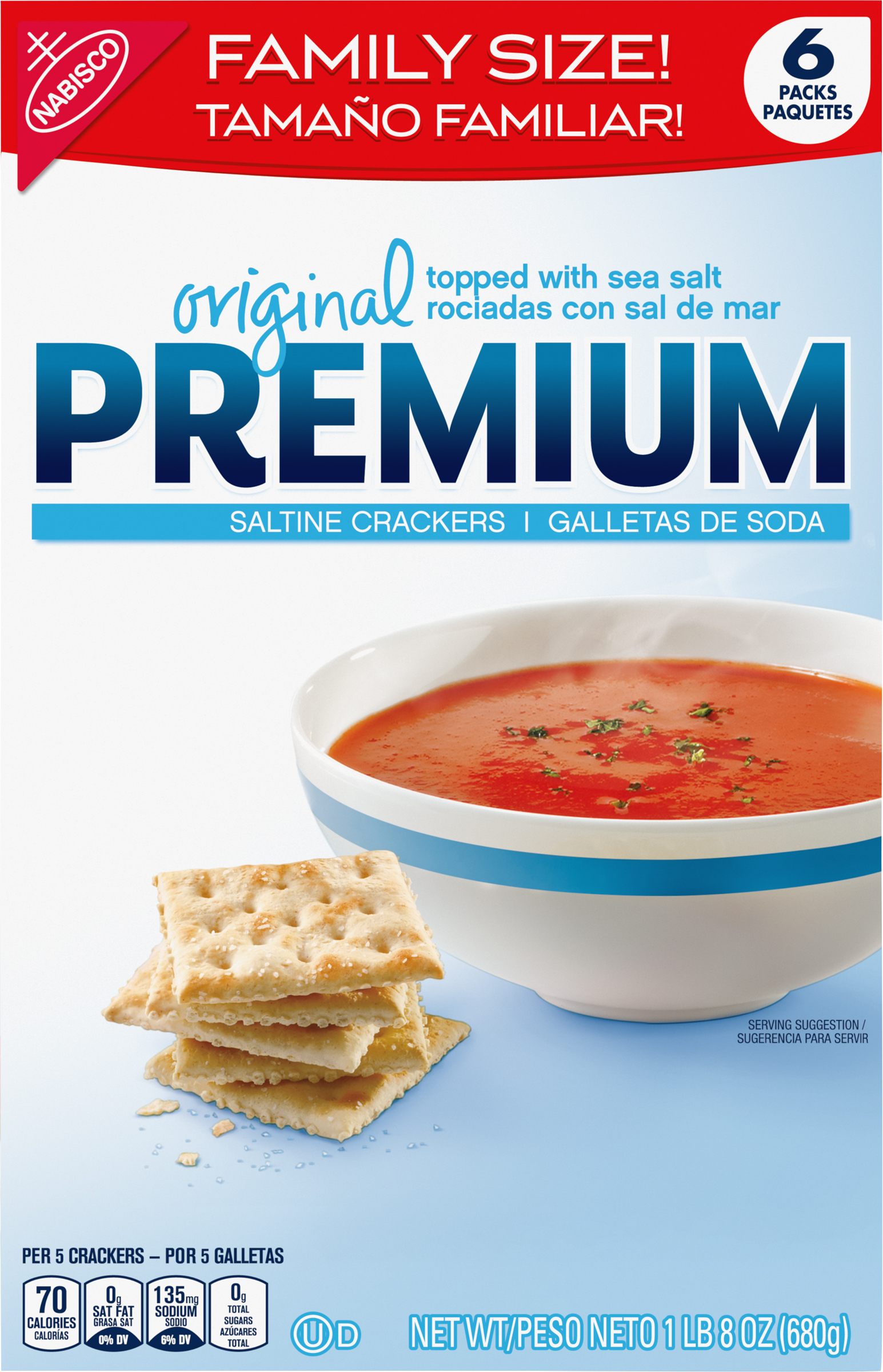 Saltine Crackers, Original, Premium, Family Size, 6 Packs