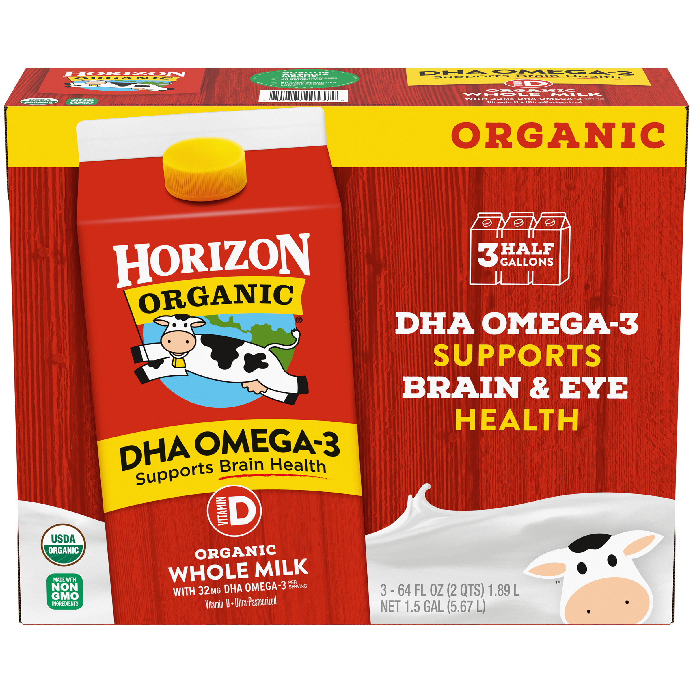 Horizon Organic Whole Dha Omega-3 Milk, Half Gallon, 3 Count