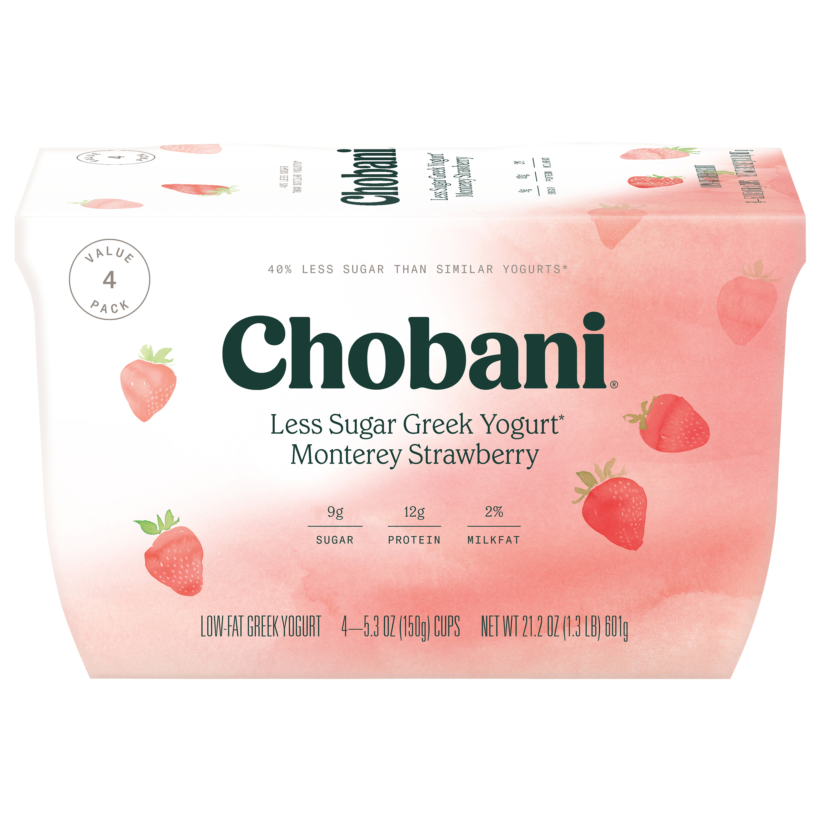 Yogurt, Greek, Less Sugar, Low-Fat, Monterey Strawberry, Value 4 Pack