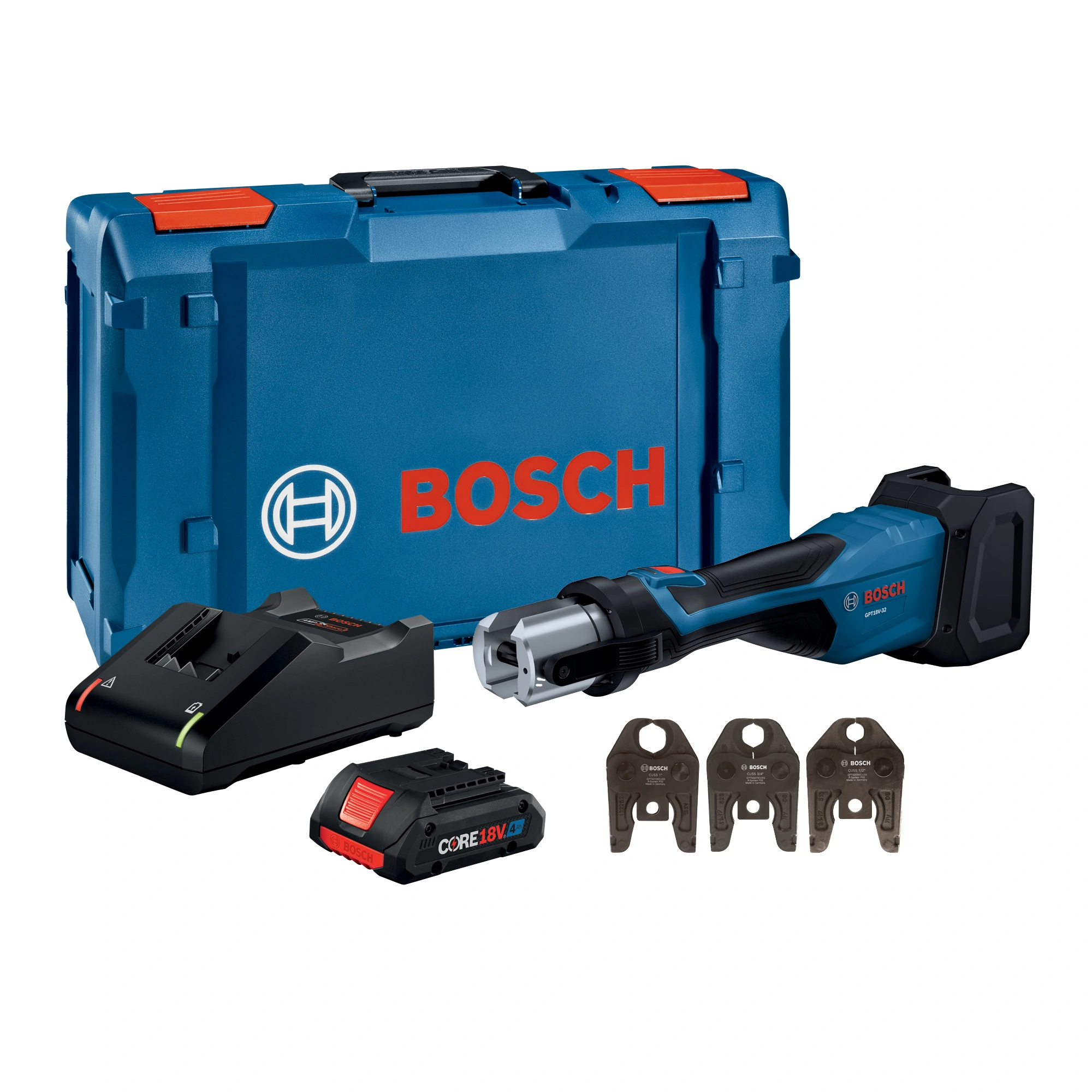 Bosch GPT18V-32 Press Tool Kit with 1/2", 3/4", and 1" Jaws, CORE18V Battery (4 Ah), and GAL18V-40 18V Standard Charger