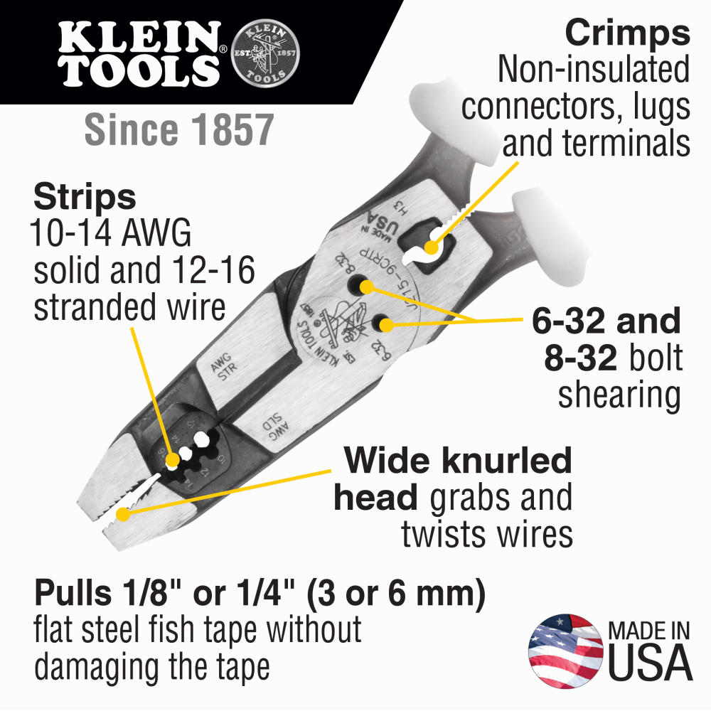 White Cap | Klein Hybrid Pliers w/ Crimper Fish Tape Puller & Wire Stripper