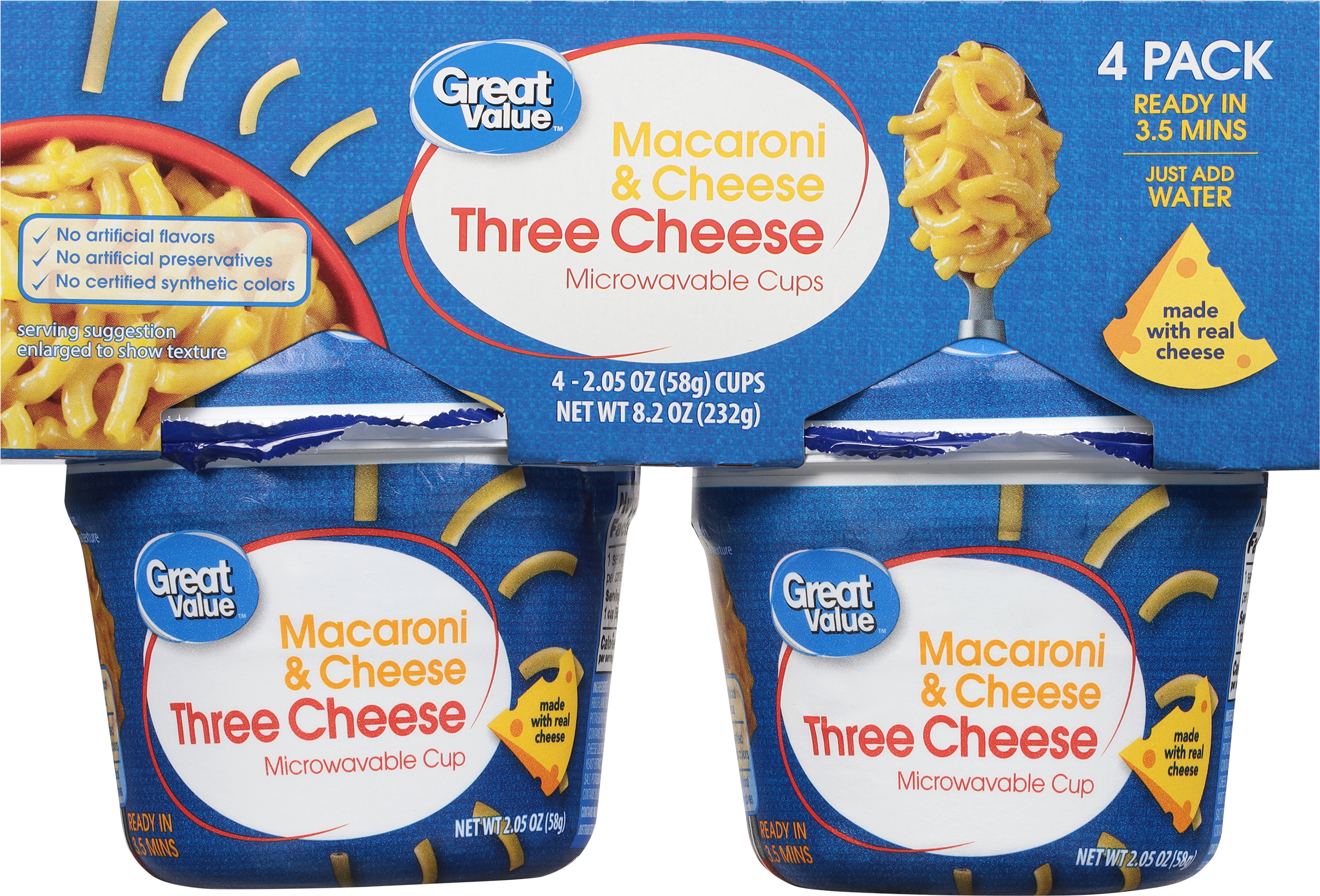Macaroni & Cheese, Three Cheese, Microwavable Cups, 4 Pack