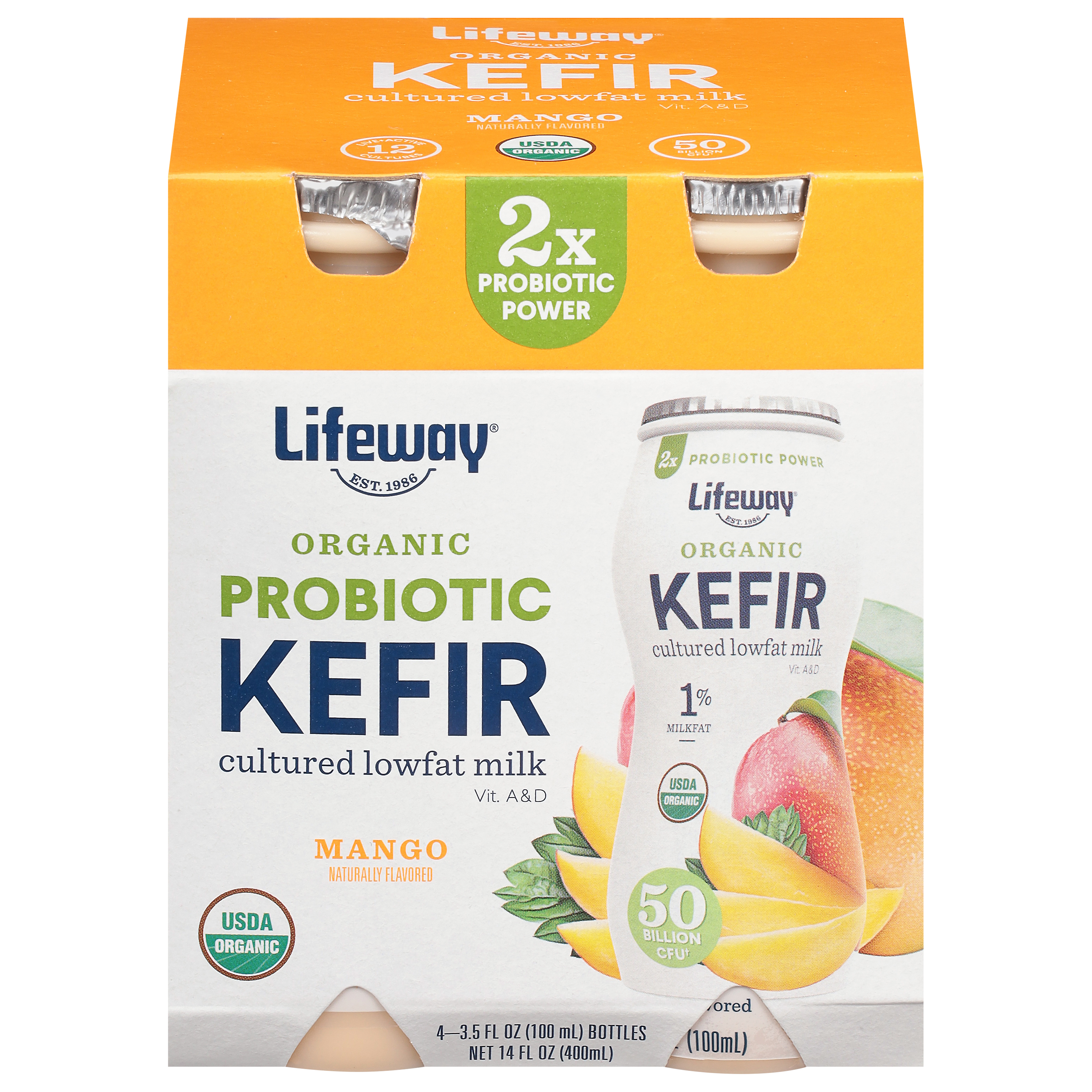 Lifeway Probiotic Organic Mango Kefir 4 - 3.5 Fl Oz Bottles