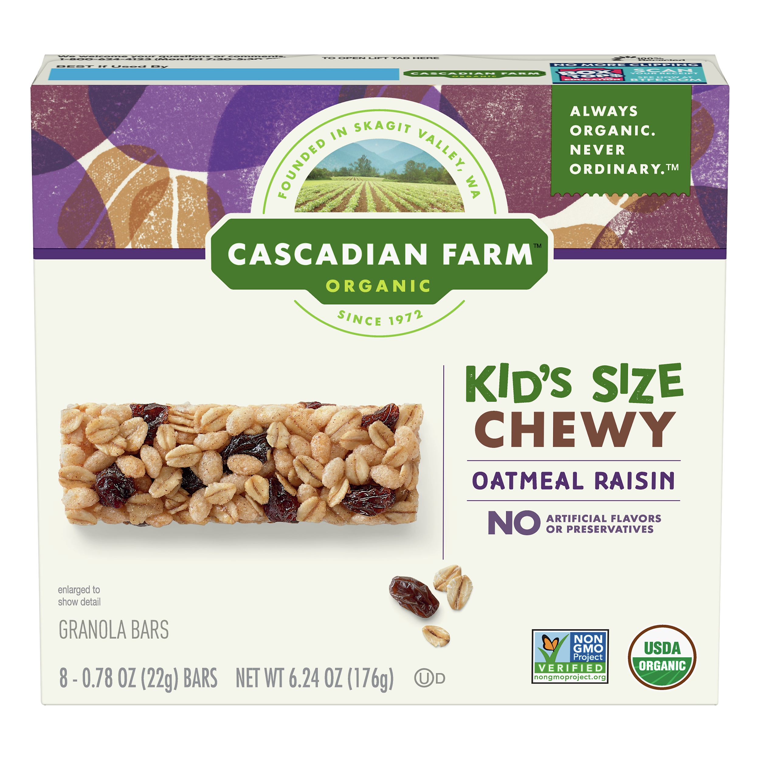 Cascadian Farm Organic Kid's Size Chewy Oatmeal Raisin Granola Bars 8 Ea
