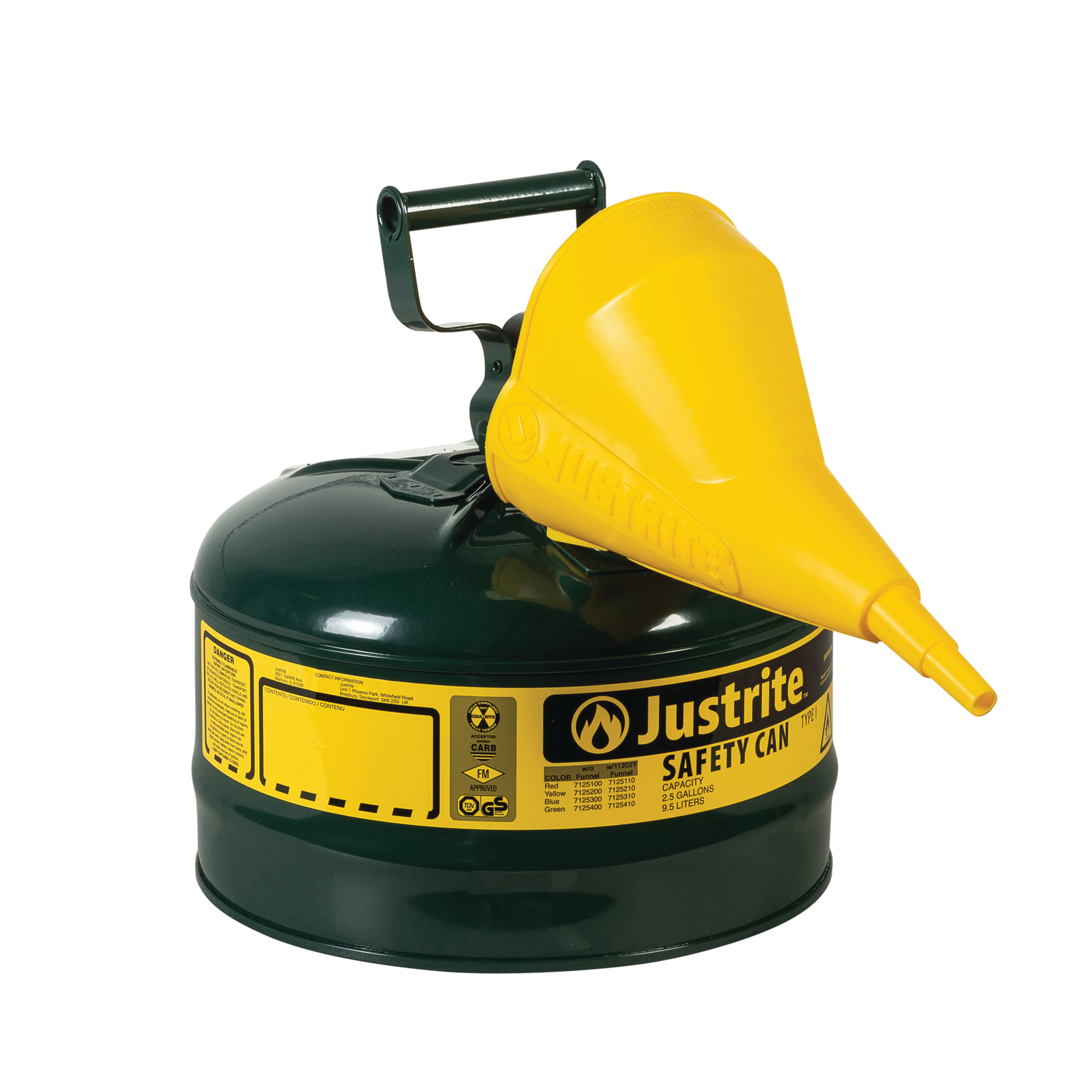 Justrite Type I Steel Safety Can for Combustibles, 2.5 Gallon, with Funnel, Arrester, Green