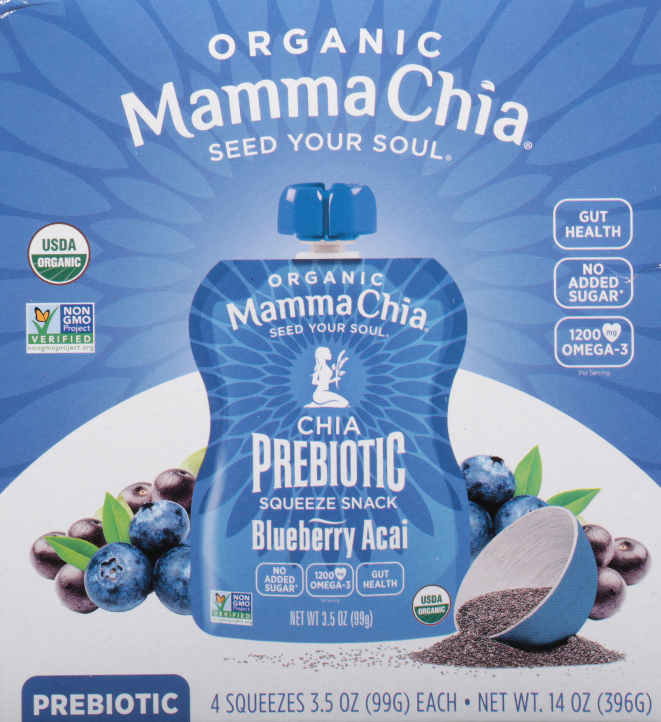 Prebiotic Squeeze Snack, Chia, Organic, Blueberry Acai, 4 Pack