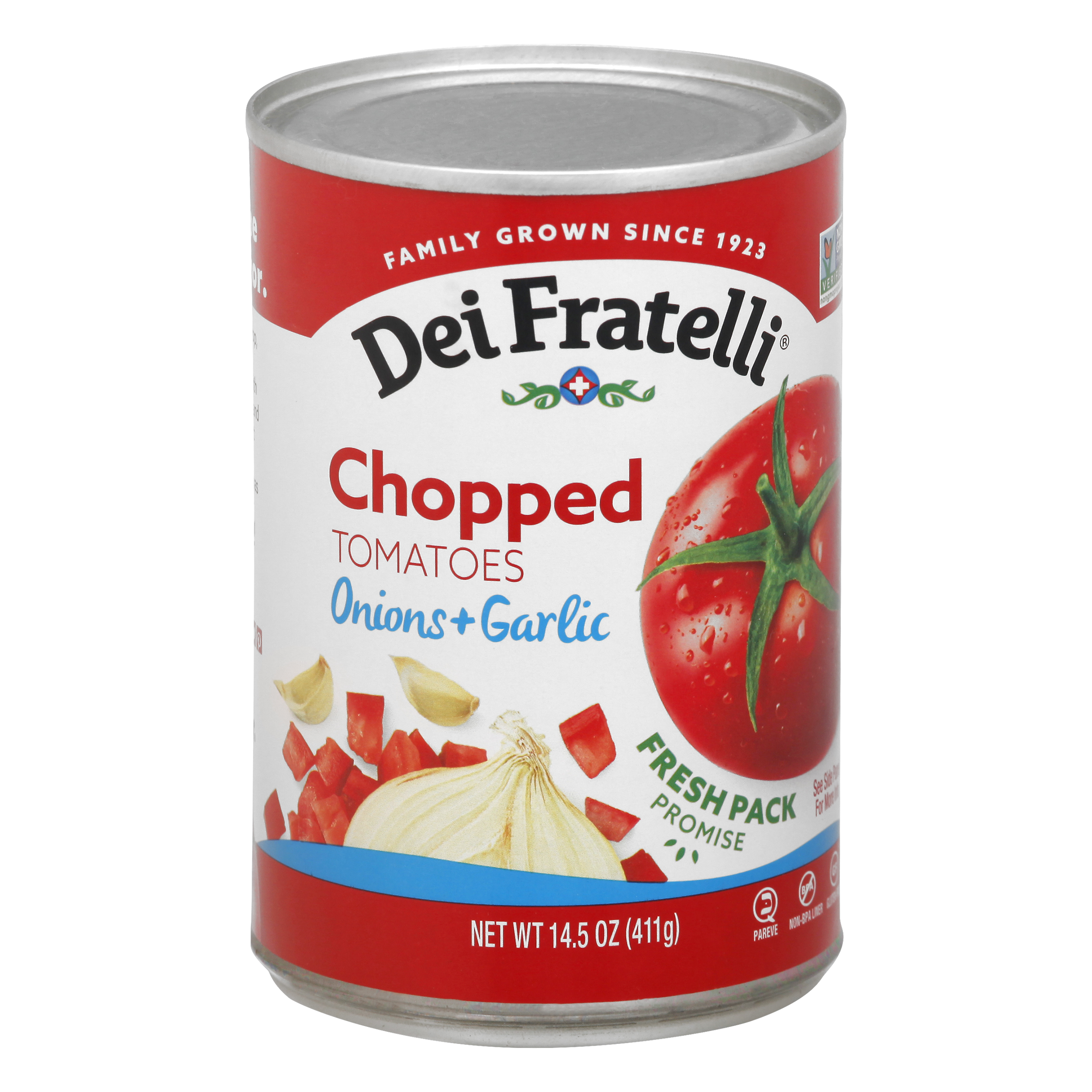 Dei Fratelli Onions + Garlic Chopped Tomatoes 14.5 Oz