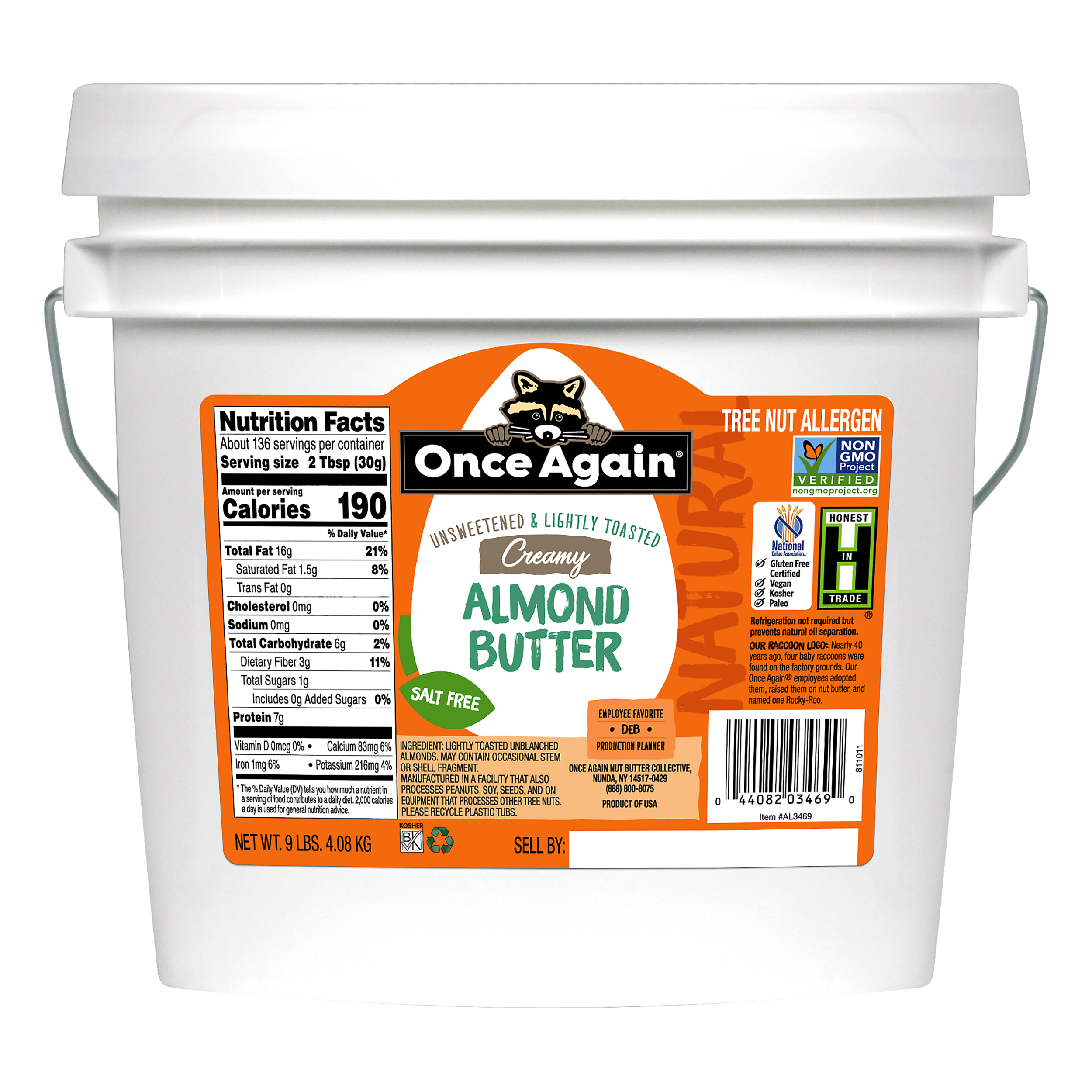 Once Again Unsweetened & Lightly Toasted Creamy Natural Almond Butter 9 Lb