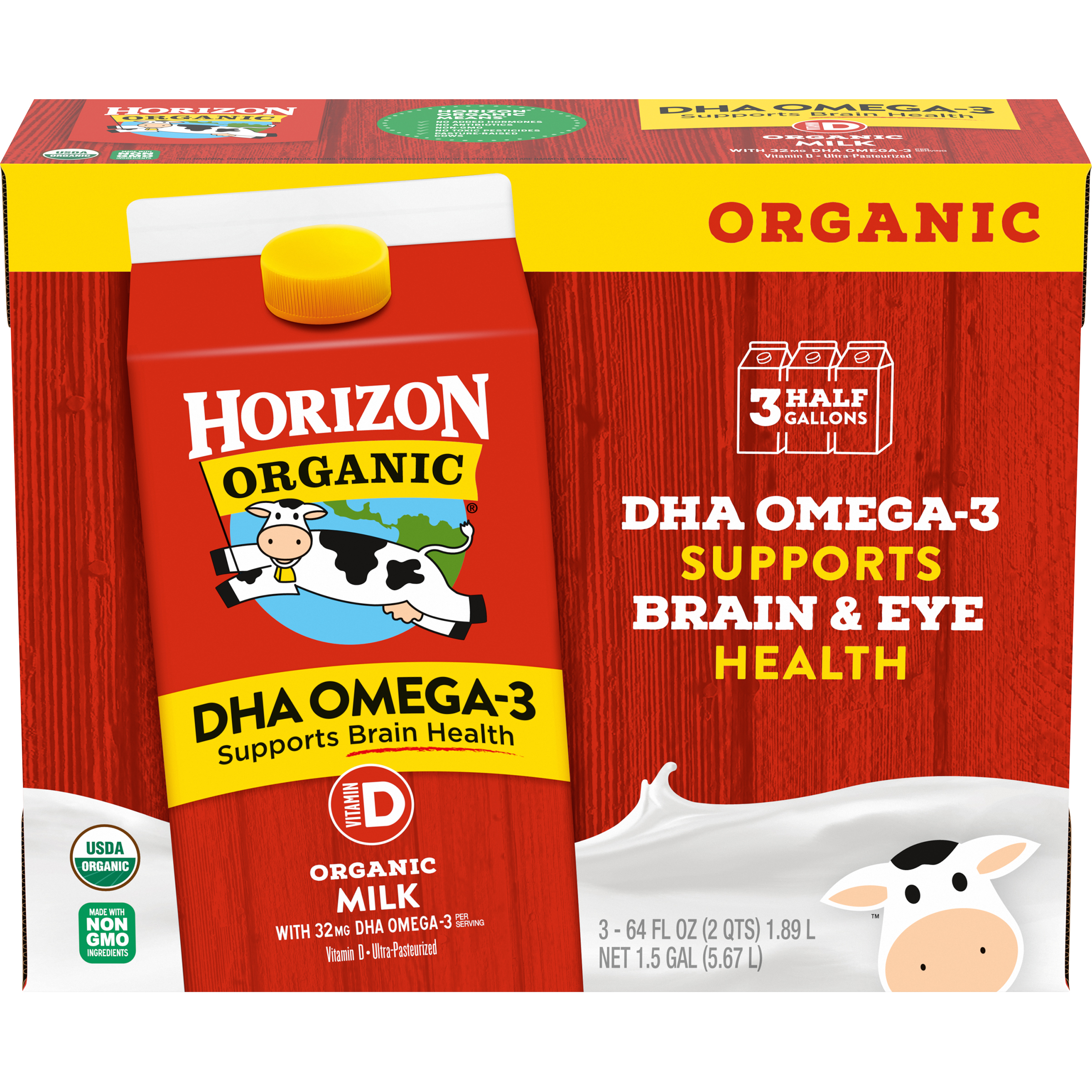 Horizon Organic Whole Dha Omega-3 Milk, Half Gallon, 3 Count