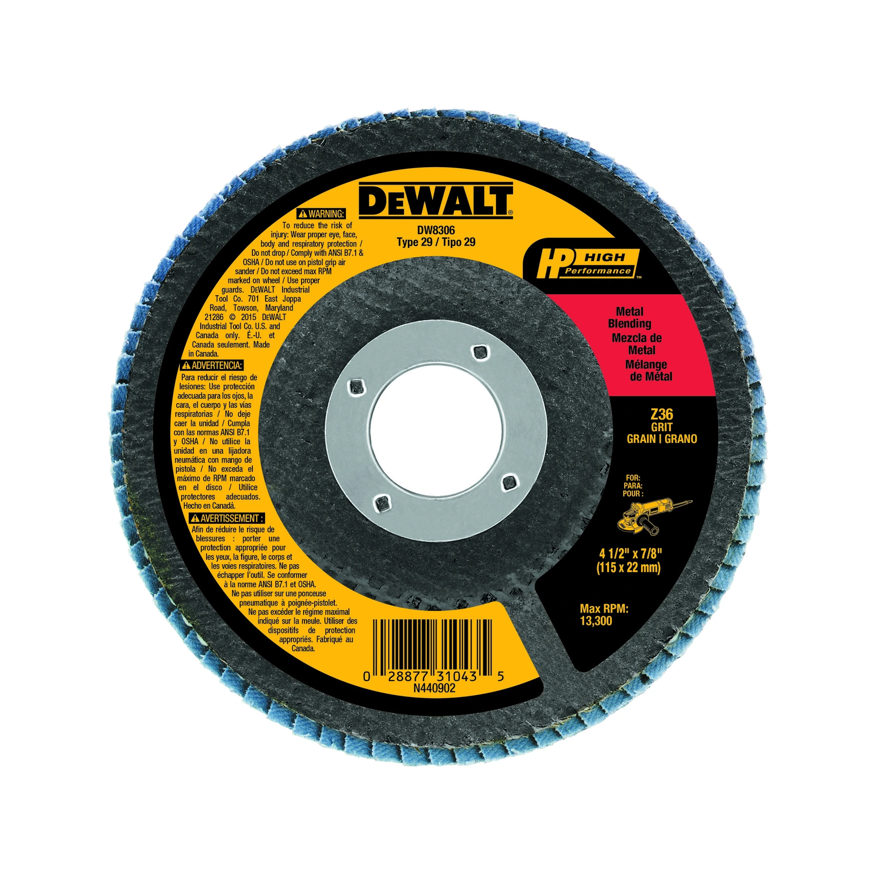 DEWALT 36G 4-1/2" 7/8" Zirconia Flap Disc