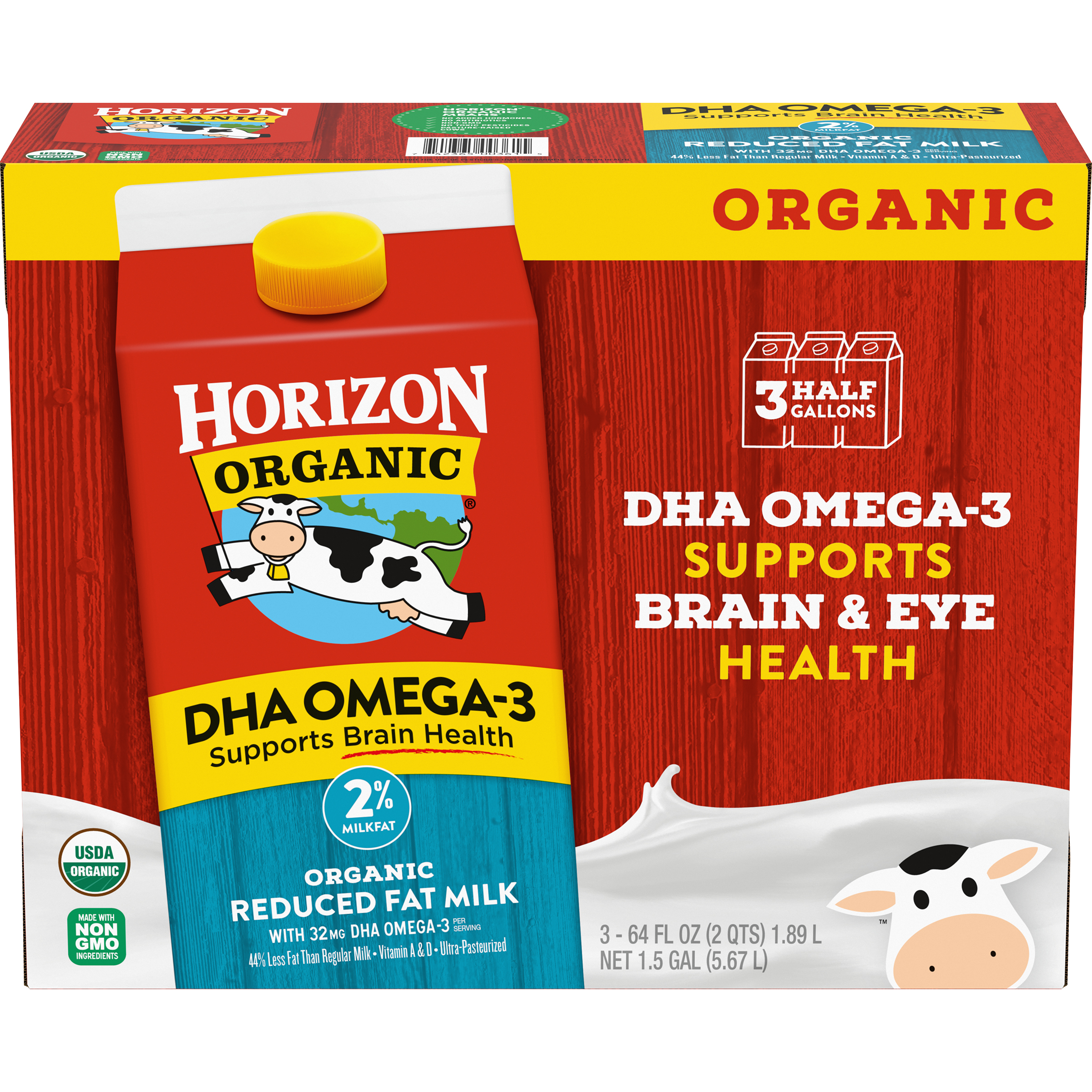 Horizon Organic 2% Reduced Fat Dha Omega-3 Milk, Half Gallon, 3 Count