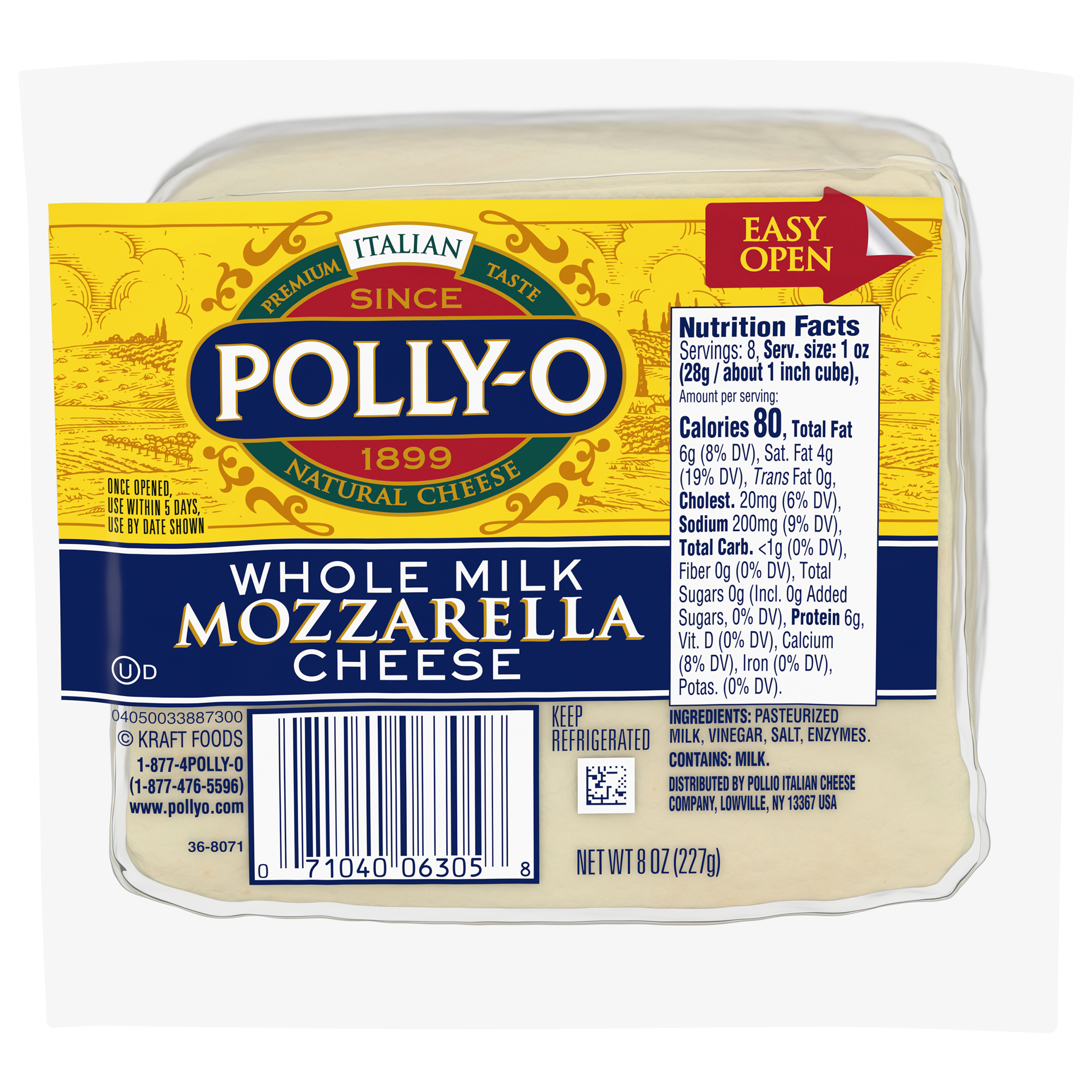 Polly-o Whole Milk Mozzarella Chunk, 8 Oz Vacuum Packed