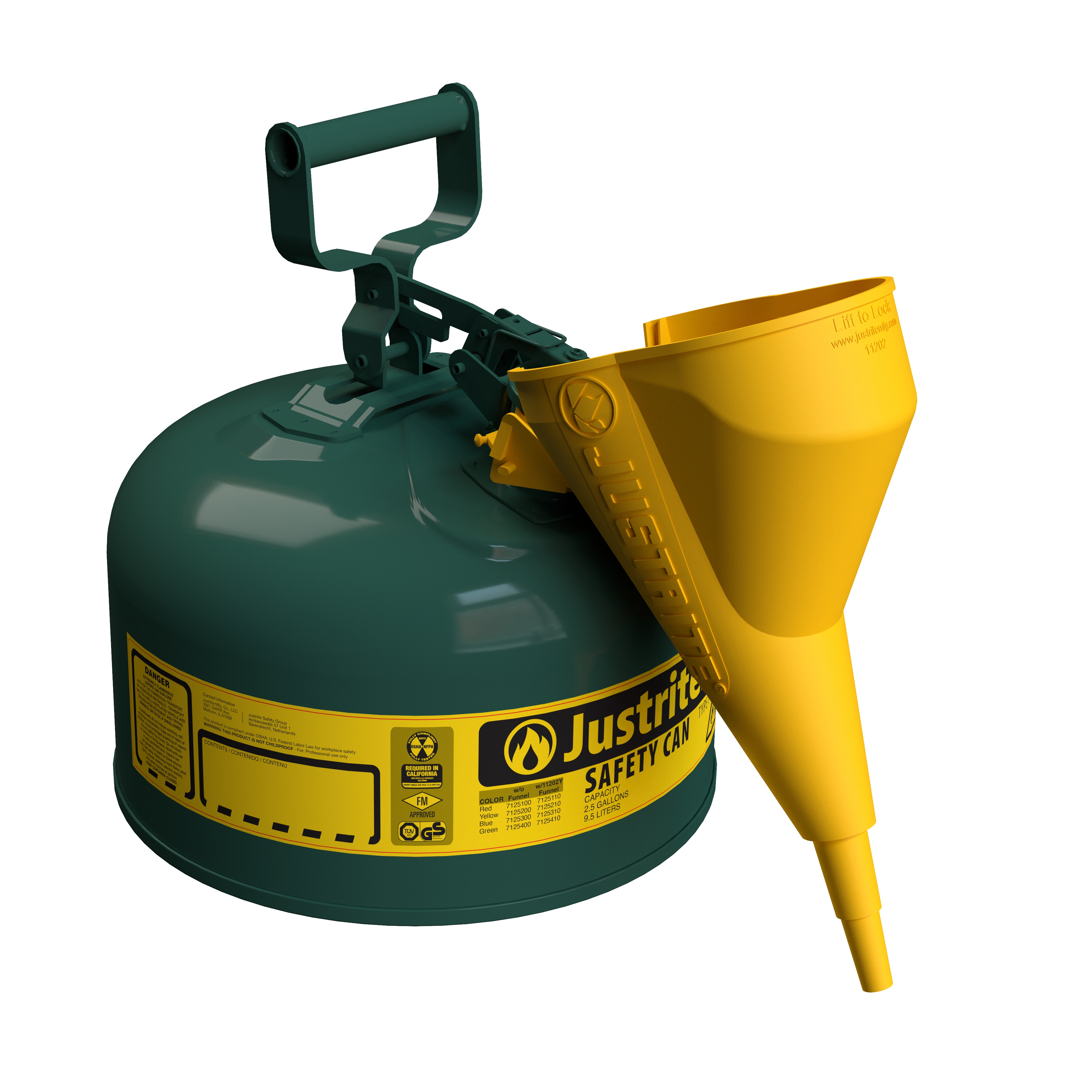 Justrite Type I Steel Safety Can for Combustibles, 2.5 Gallon, with Funnel, Arrester, Green