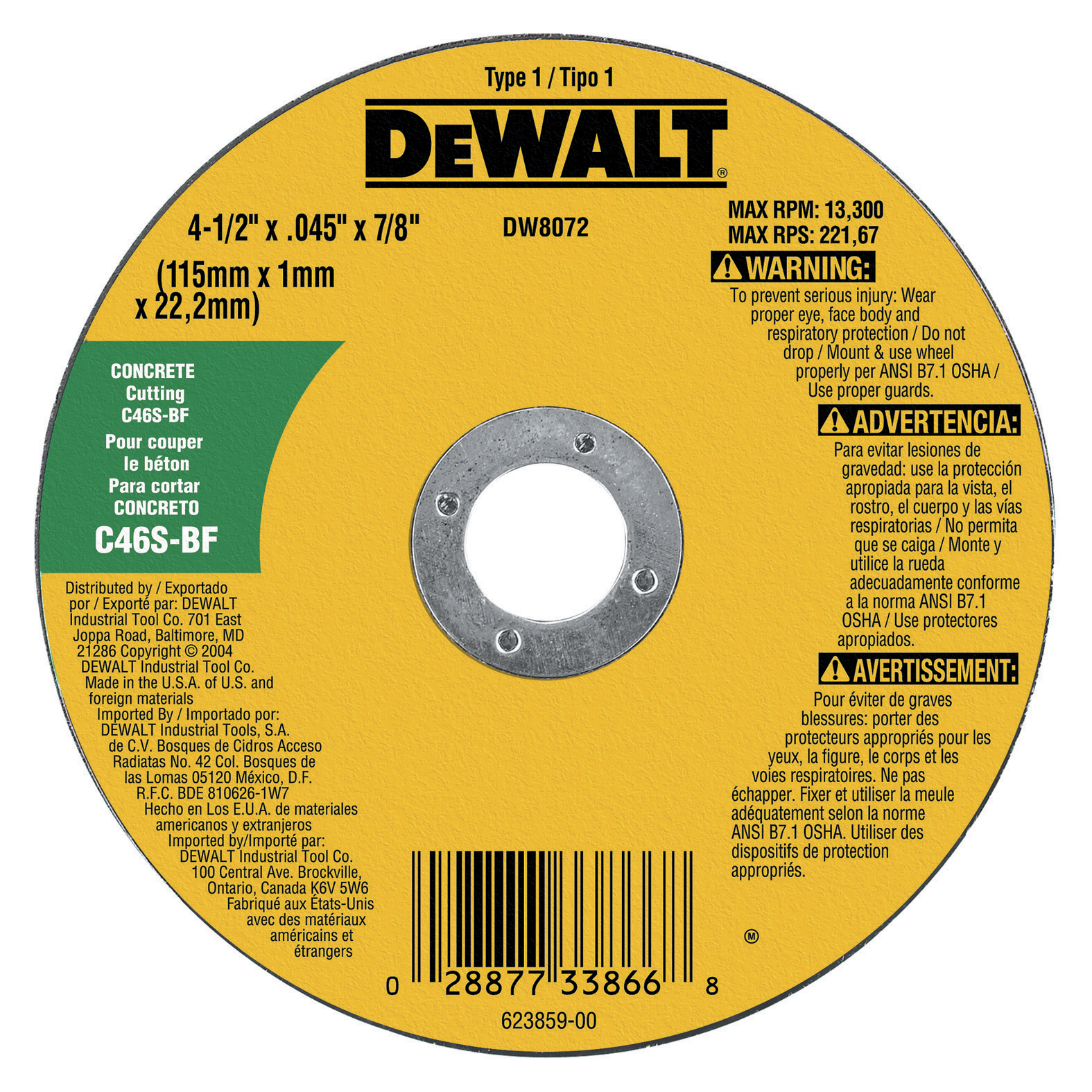 White Cap DeWALT HP 4 1 2 x 0.045 x 7 8 Silicon Carbide Type 1 Masonry Thin Cut Off Wheel