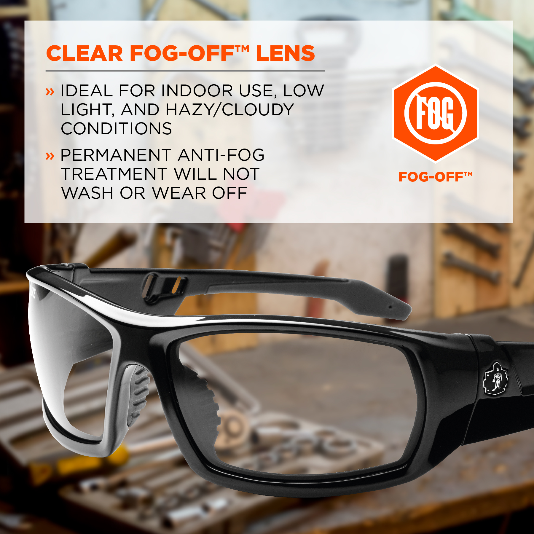 White Cap  Ergodyne Black Frame Clear Anti Fog Lens W/ Fog-Off Skullerz Odin  Safety Glasses