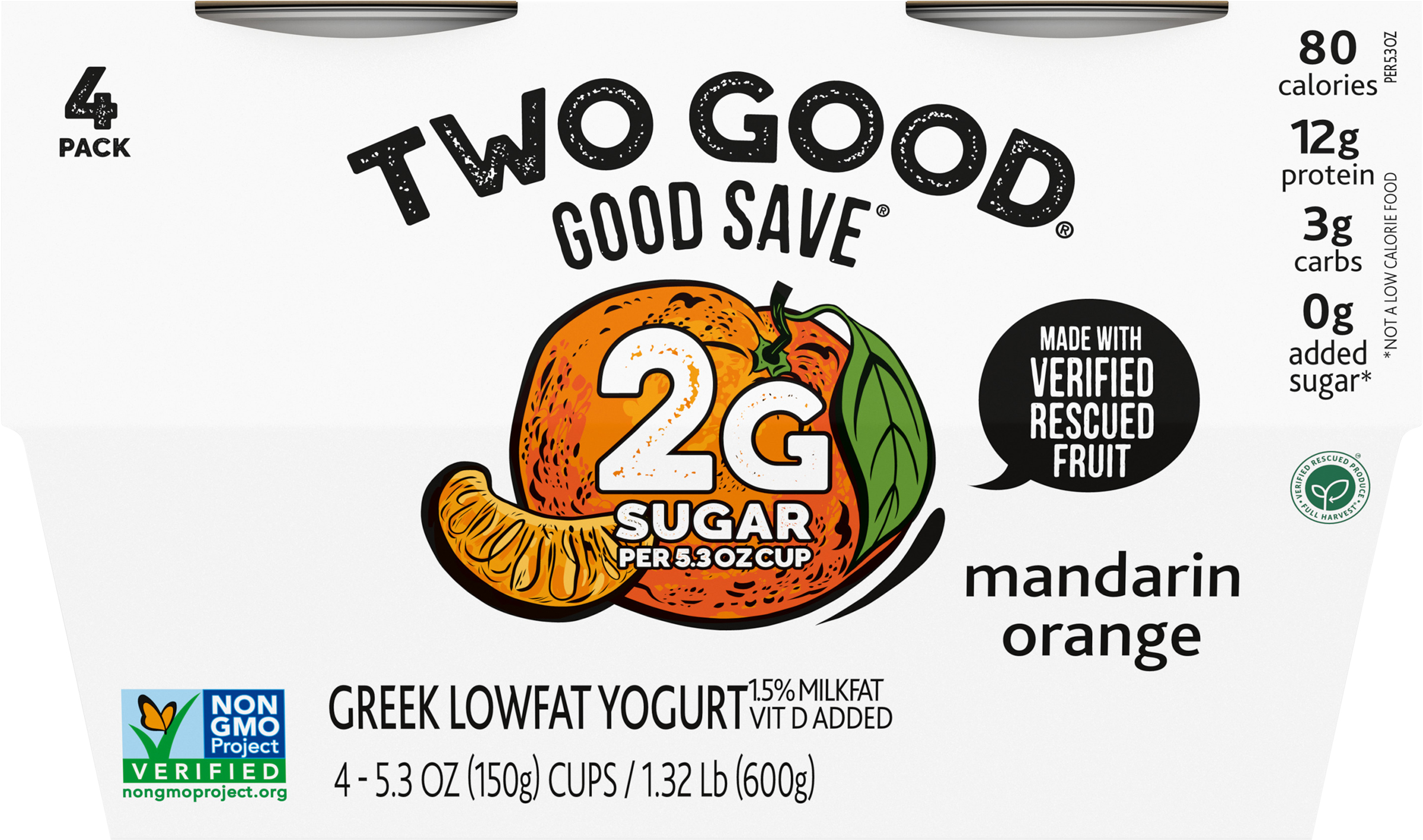 Yogurt, Greek, Lowfat, Mandarin Orange, 4 Pack